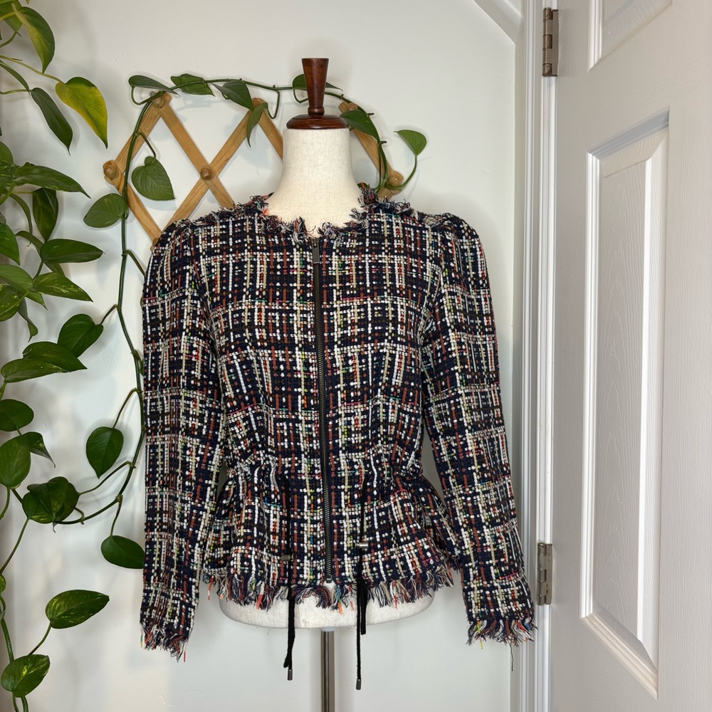 HALOGEN Multi-Color Tweed Fringe Peplum Zip Up Jacket - Picture 2 of 11